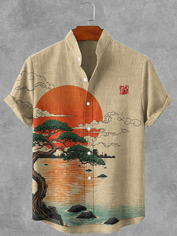 Men's Japanese Pine Tree Art Pattern Linen Shirt