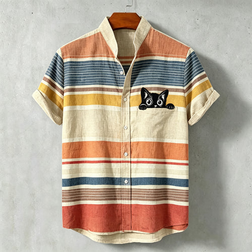 Men's Casual Retro Striped Black Cat Short-sleeve Cotton Linen Shirt