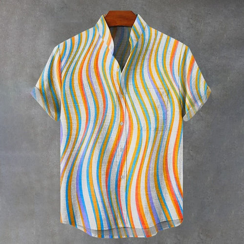 Men's Abstract Art Line Print Linen Blend Short-sleeve Shirt