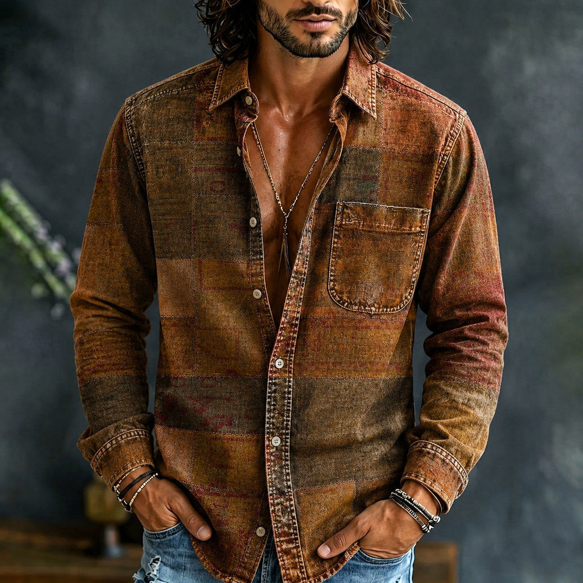 Men's Retro Ethnic Plaid Print Long Sleeve Pocket Shirt
