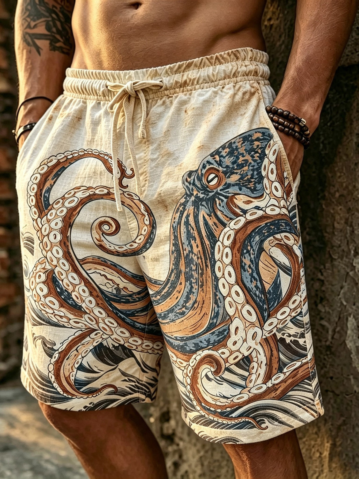 Men's Retro Japanese Art Octopus Print Linen Casual Shorts