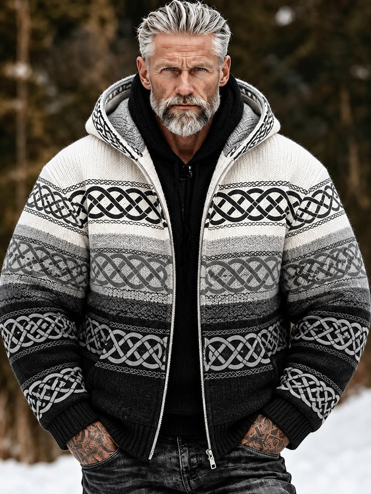 Men's Vintage Viking Style Celtic Knot Gradient Art Jacquard Warm Hooded Cardigan Zipper Sweater