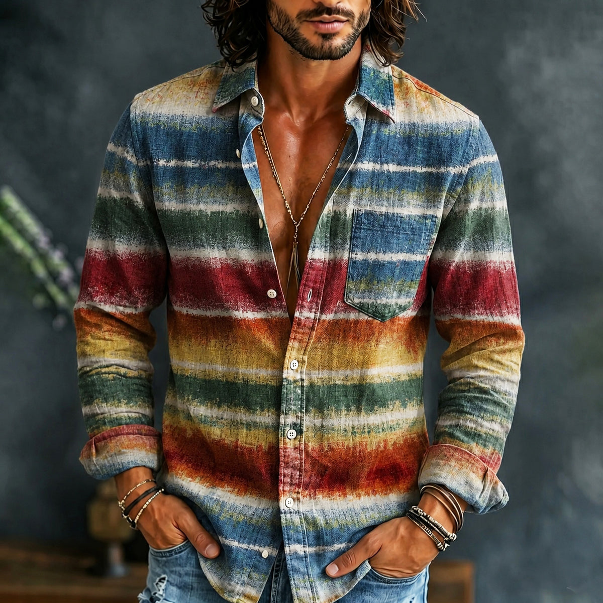 Men's Vintage Contrast Stripe Print Linen Blend Pocket Shirt