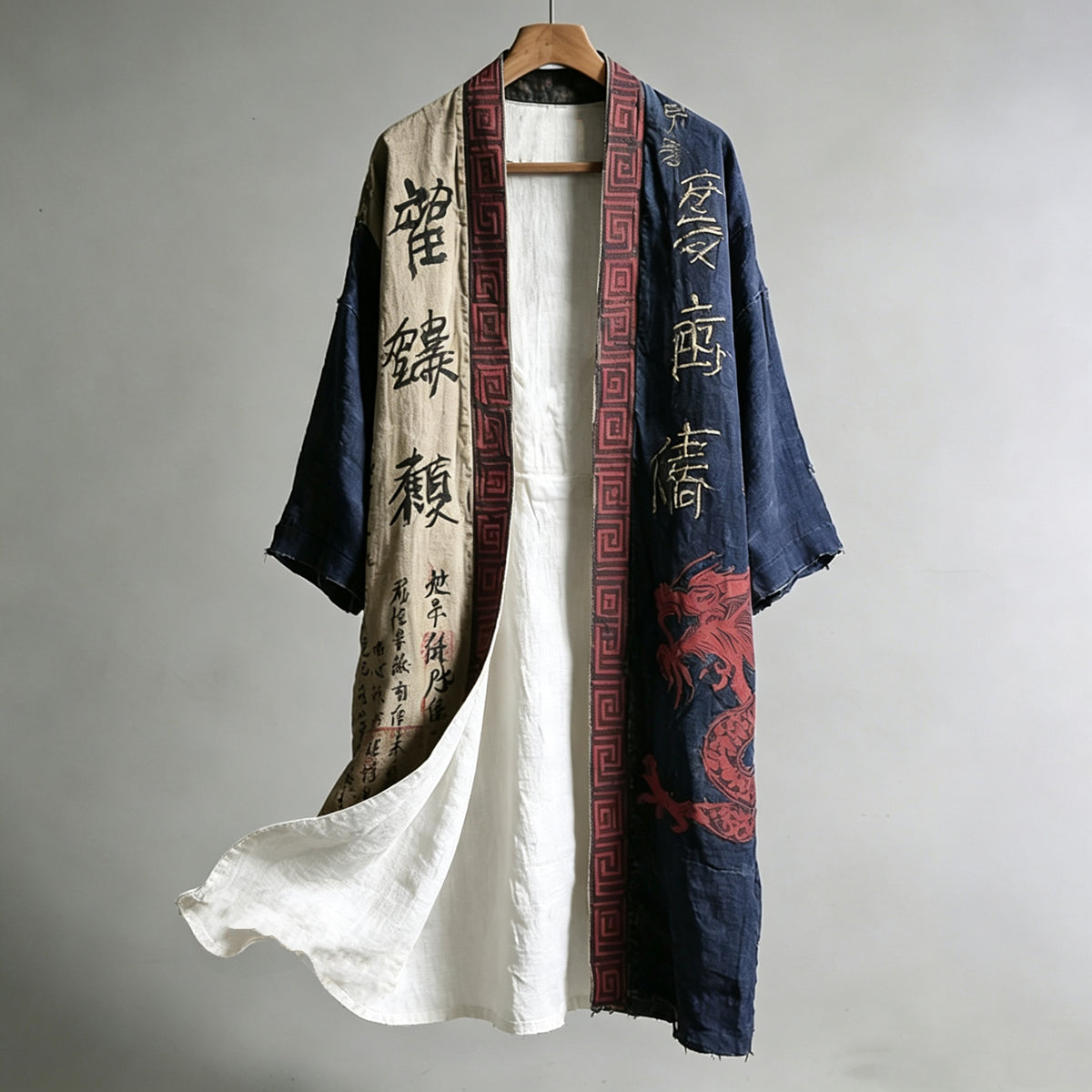 Men's Japanese Dragon Pattern Calligraphy And Painting Art Linen Long Kimono