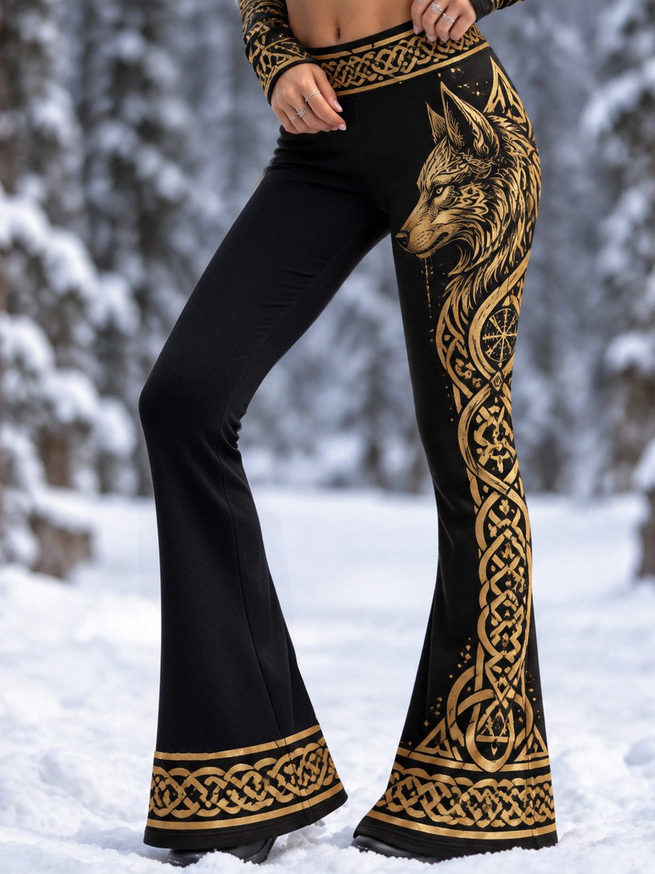 Women's Celtic Knot And Wolf Print Flared Pants