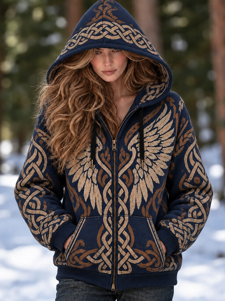 Women's Vintage Viking Wing & Celtic Knot Art Casual Zip Up Hoodie