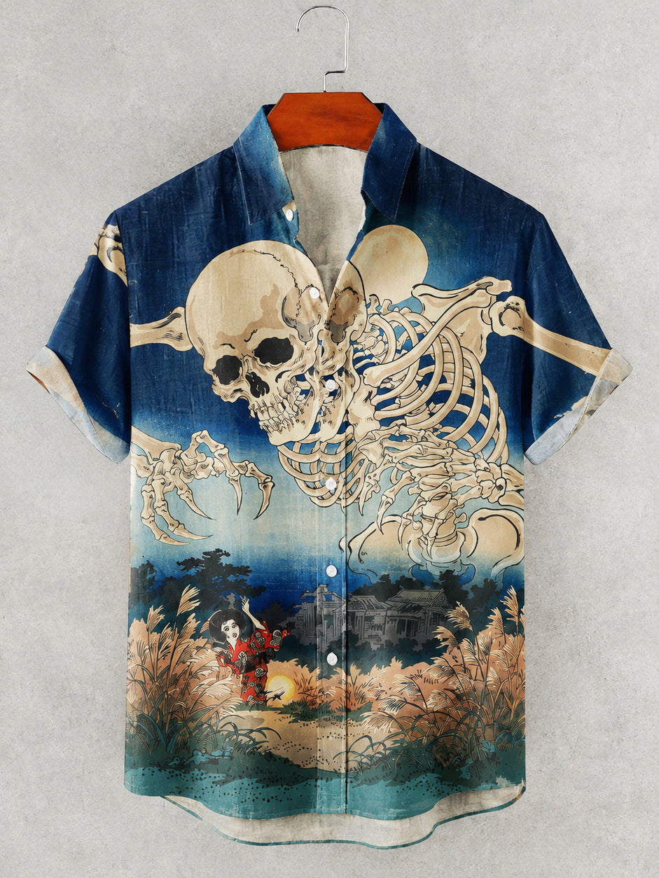 Men's Halloween Japanese Skull Art Print Short Sleeve Casual Shirt