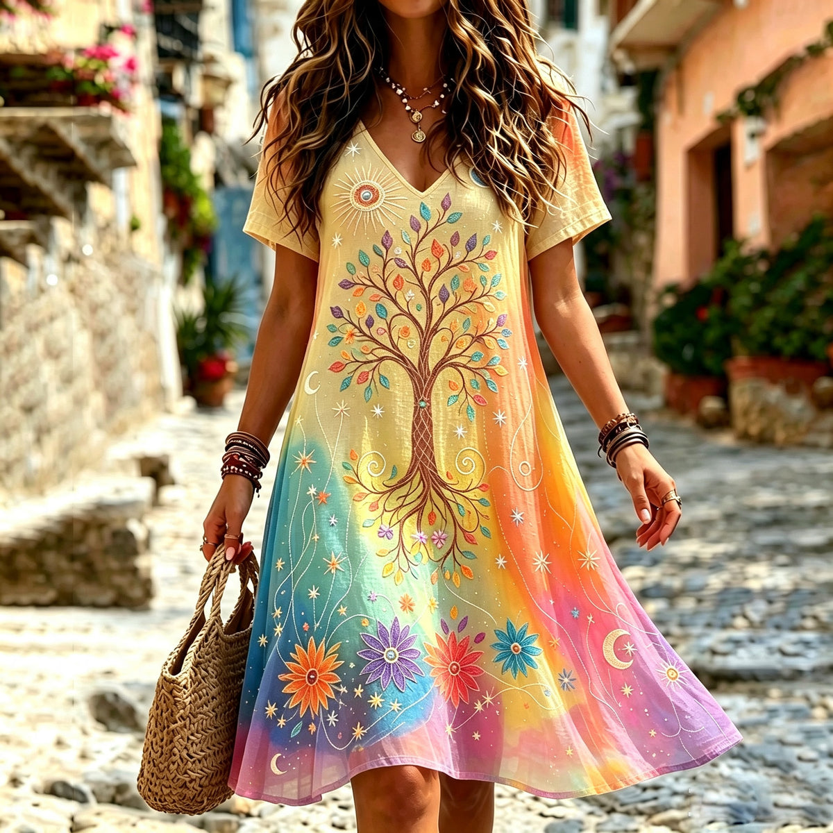 Women's Retro Hippie Tree Of Life Pattern V Neck Short Sleeve Linen Blend Midi Dress