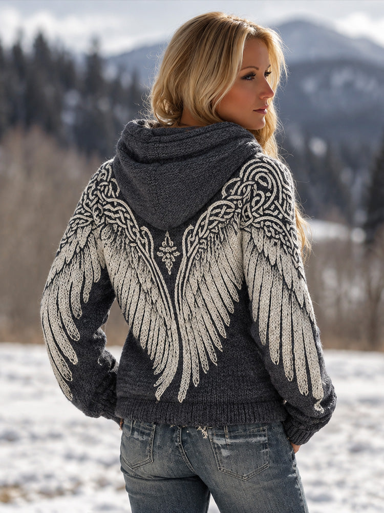 Women's Vintage Viking Wings And Celtic Knot Art Jacquard Hooded Sweater