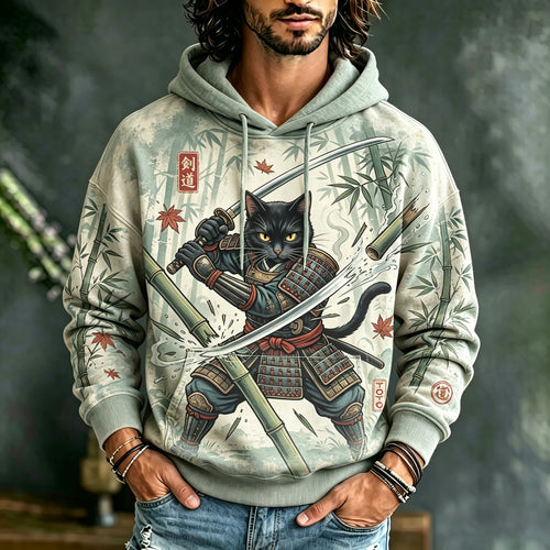 Men's Black Cat Samurai In Bamboo Forest Print Casual Hoodie