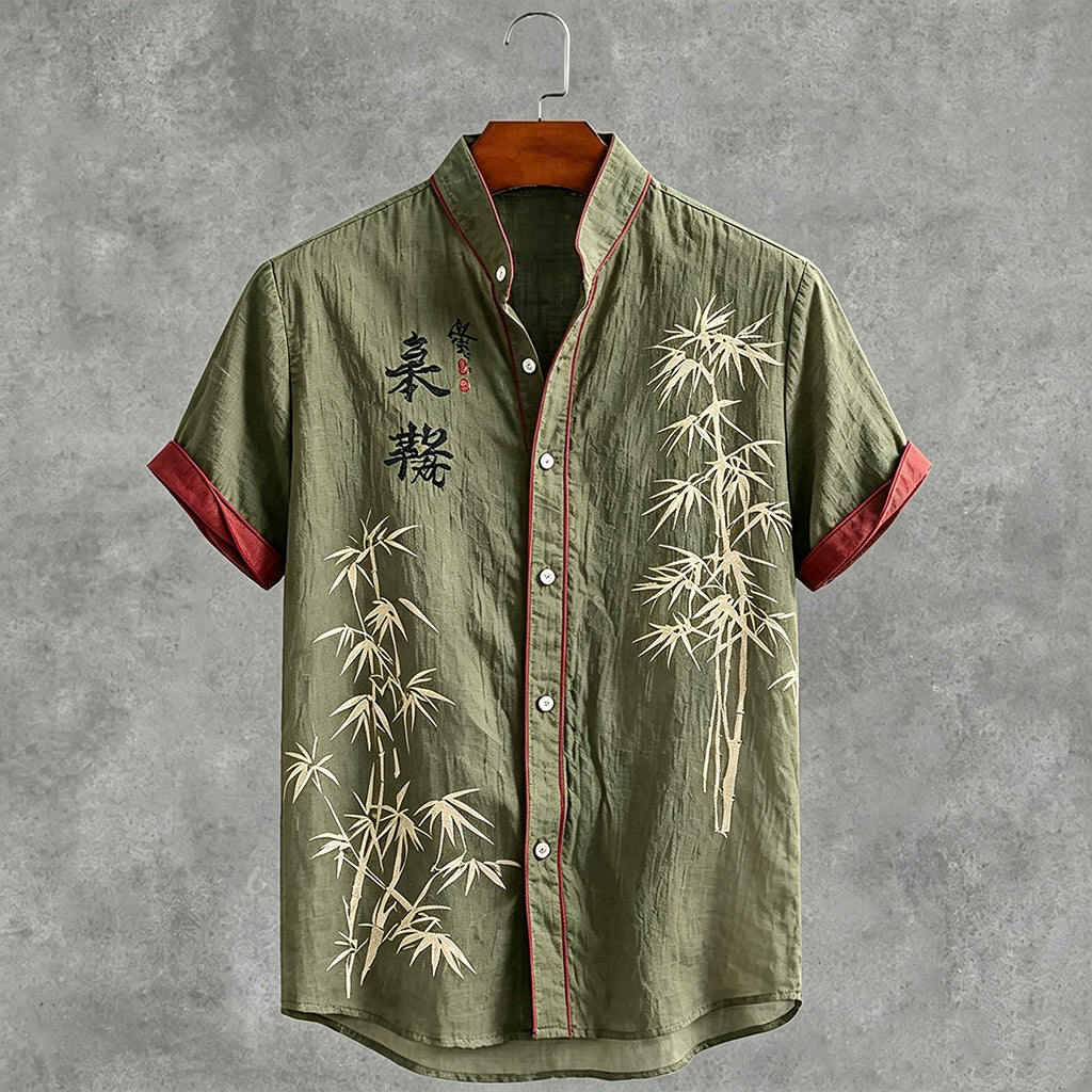 Men's Japanese Bamboo And Calligraphy Pattern Casual Linen Shirt