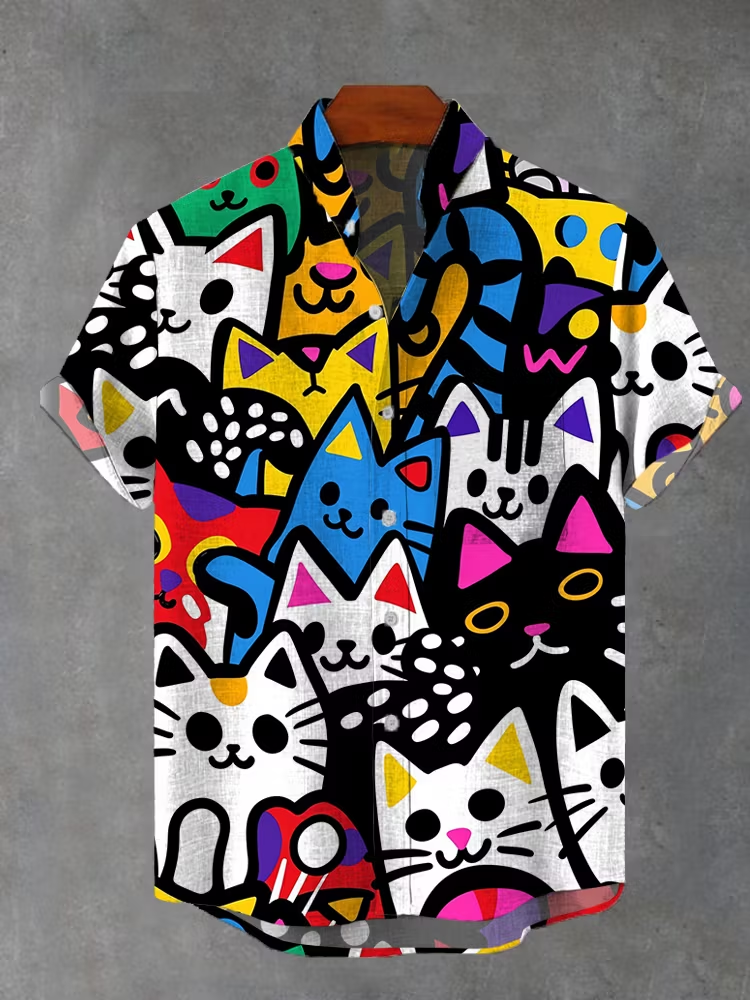 Men's Vintage Hand Drawn Cartoon Colorful Cats Stacked Printing Breast Pocket Stand Collar Flowy Linen Blend Casual Shirt