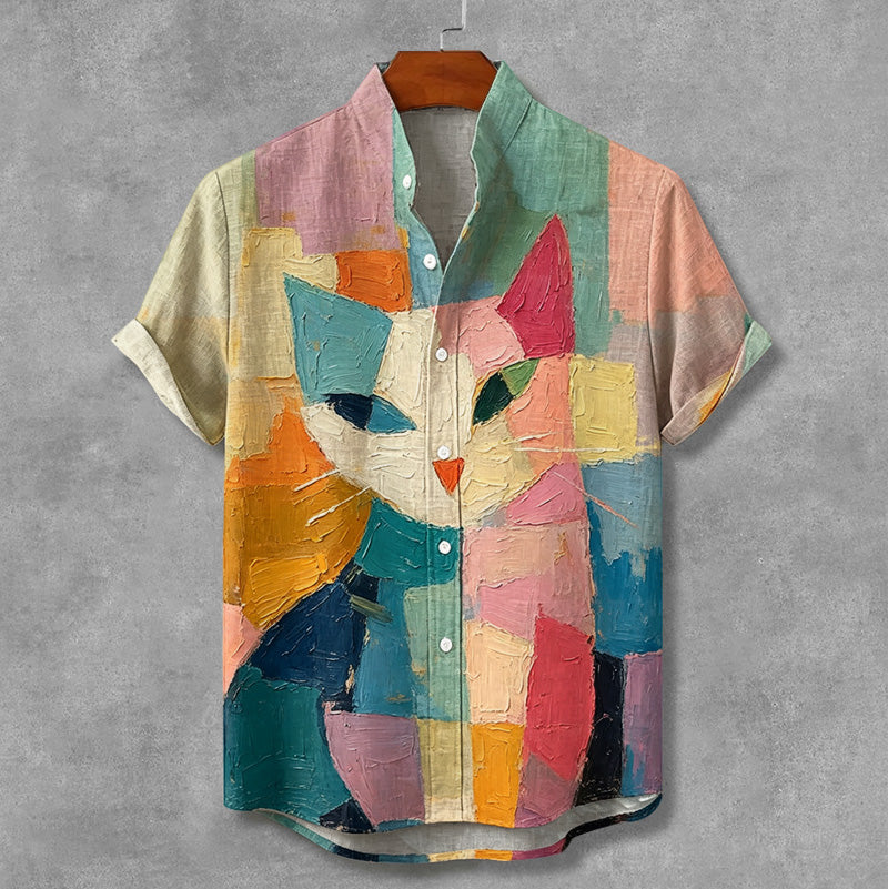 Men's Vintage Abstract Cat Art In Colored Oil Painting Casual Shirt