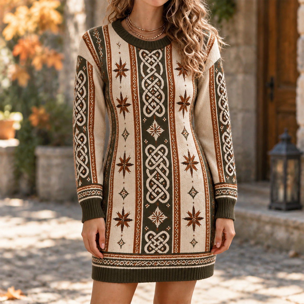 Women's Vintage Nordic Geometric Celtic Knot Star Striped Sweater Dress
