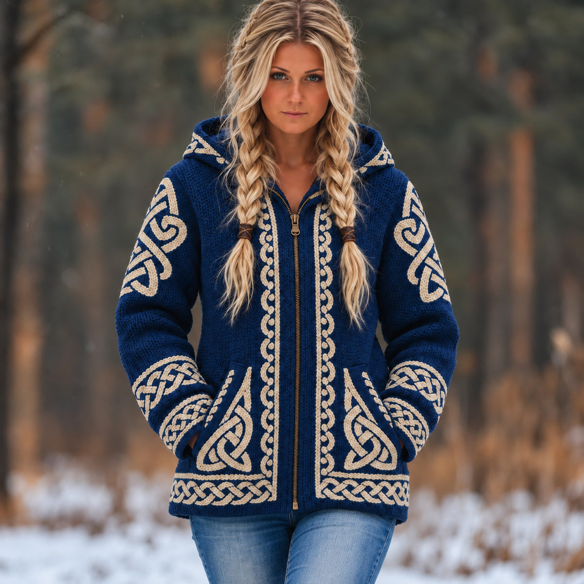 Women's Vintage Viking Celtic Knot Pattern Zip-up Hooded Cardigan