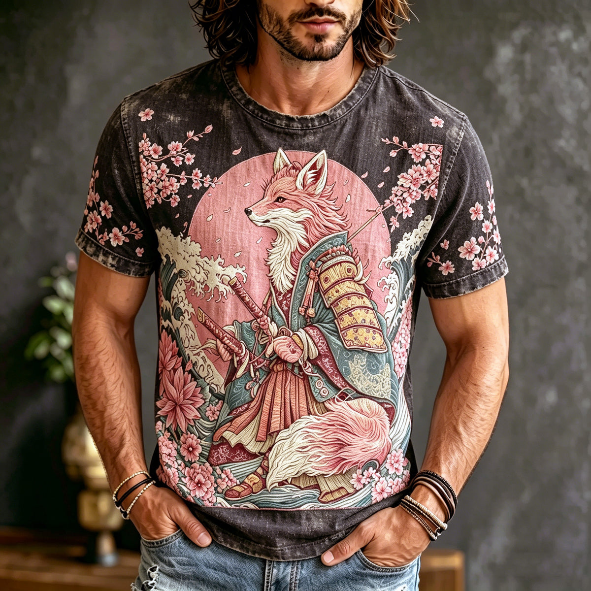 Men's Japanese Ukiyo-e Cherry Blossom And Fox Print Linen Comfortable T-shirt
