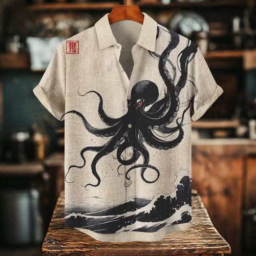 Men's Black Octopus Waves Japanese Art Print Casual Shirt