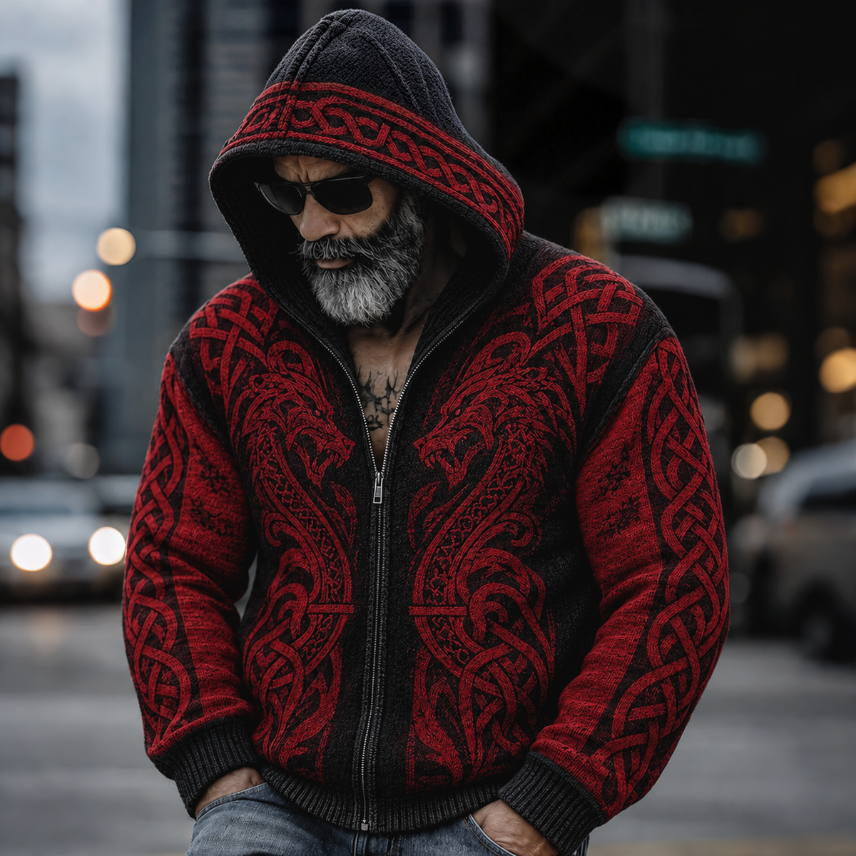 Men's Vintage Viking Dragon Celtic Knot Cozy Warm Knitted Jacquard Zipper Hooded Sweater