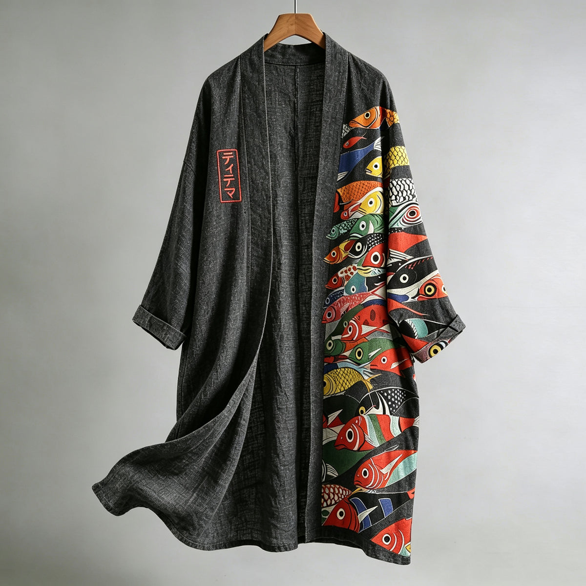 Men's Japanese Fish Art Pattern Linen Kimono Cardigan