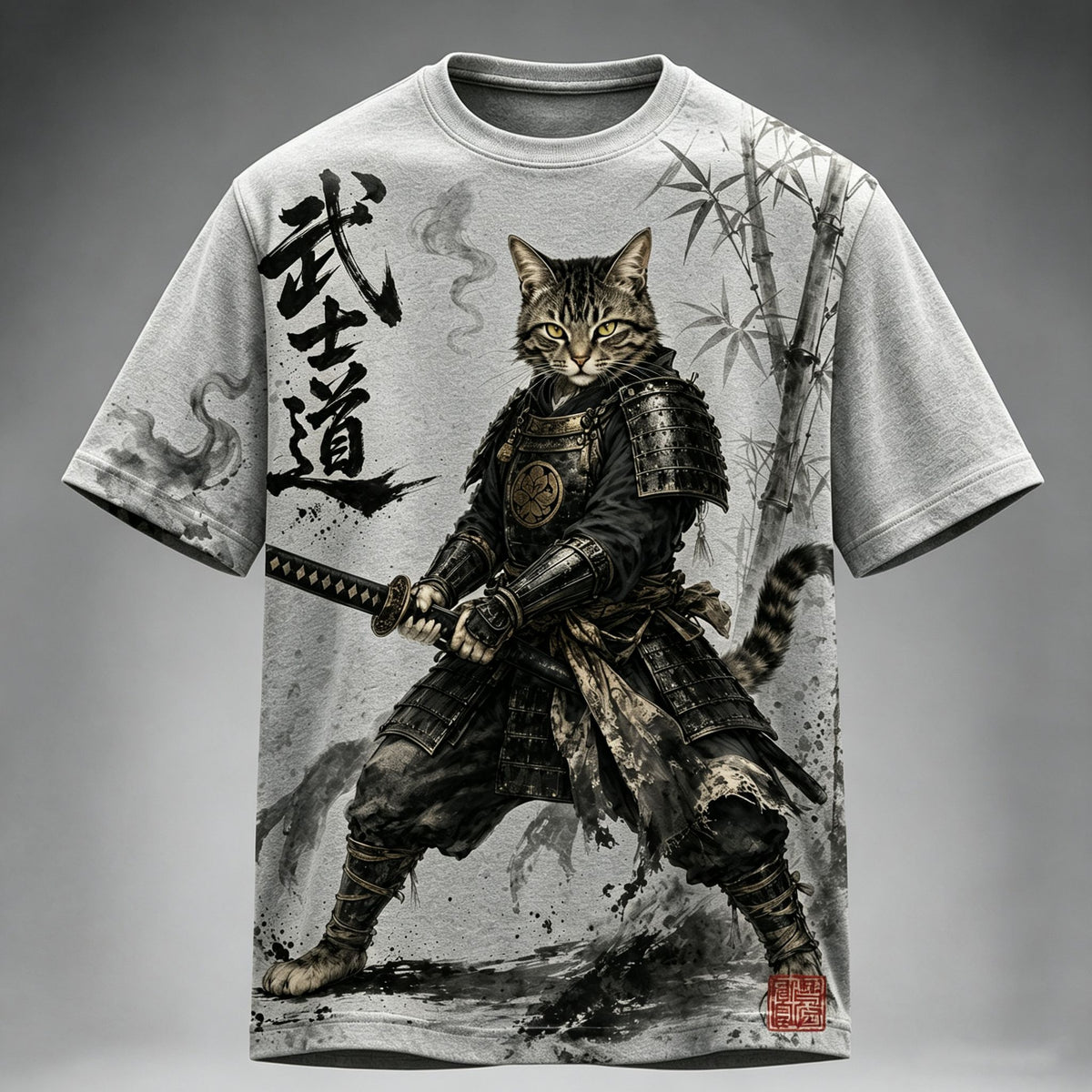 Men's Retro Japanese Cat Samurai Art Print Short Sleeve T-shirt