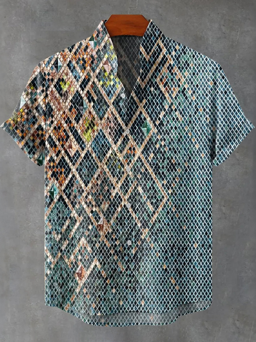 Men's Vintage Decorative Textures Print Art Linen Blend Short-sleeve Shirt