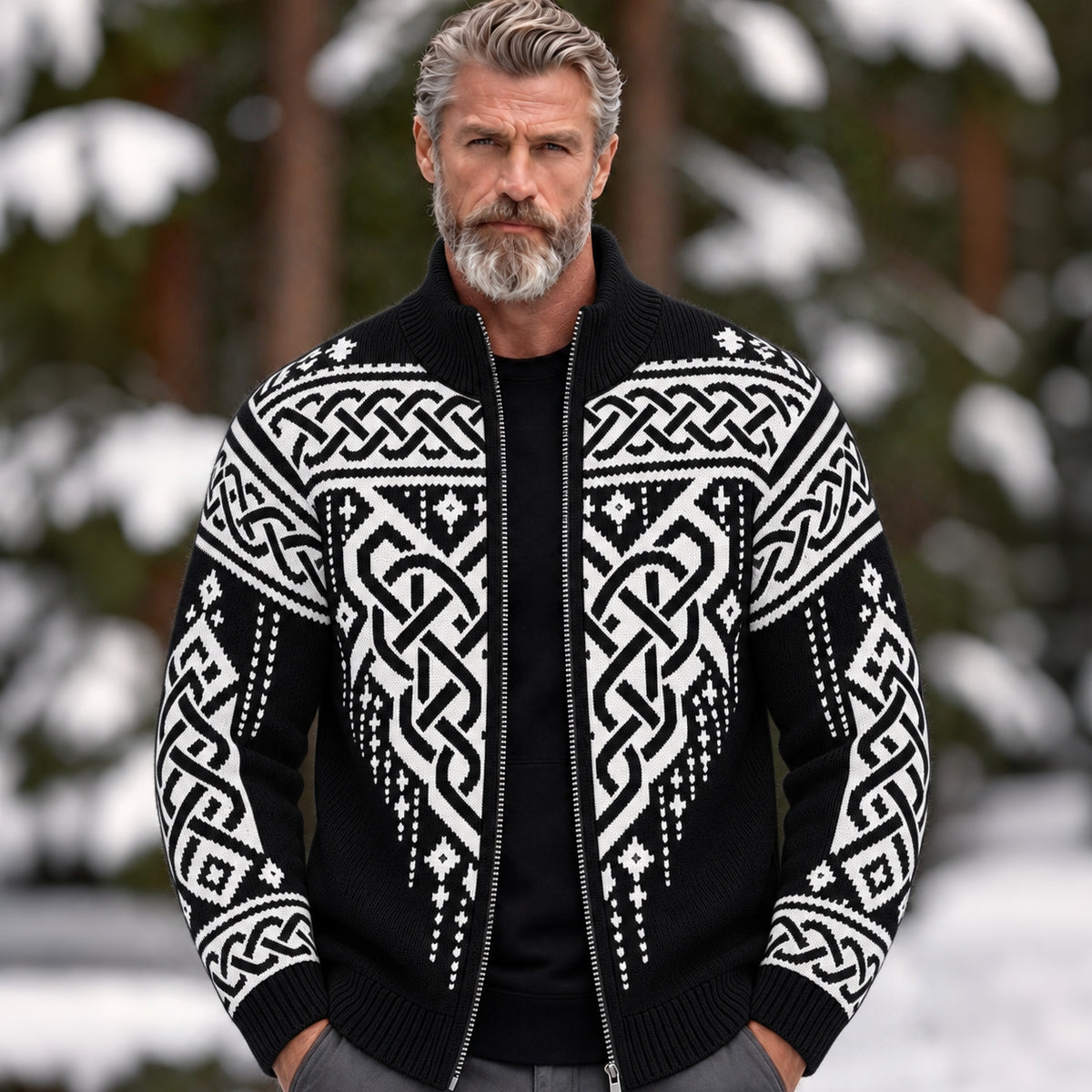 Men's Vintage Viking Celtic Knot Knit Zip-up Cardigan