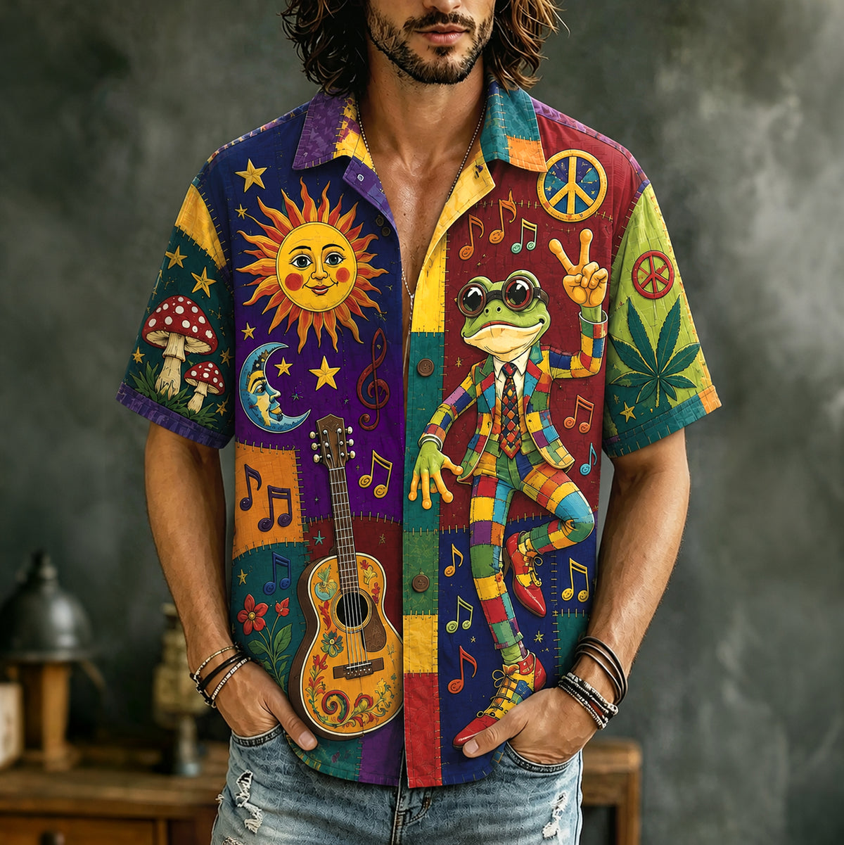 Men's Boho Frog Music Patchwork Psychedelic Peace & Sun Moon Art Print Casual Shirt