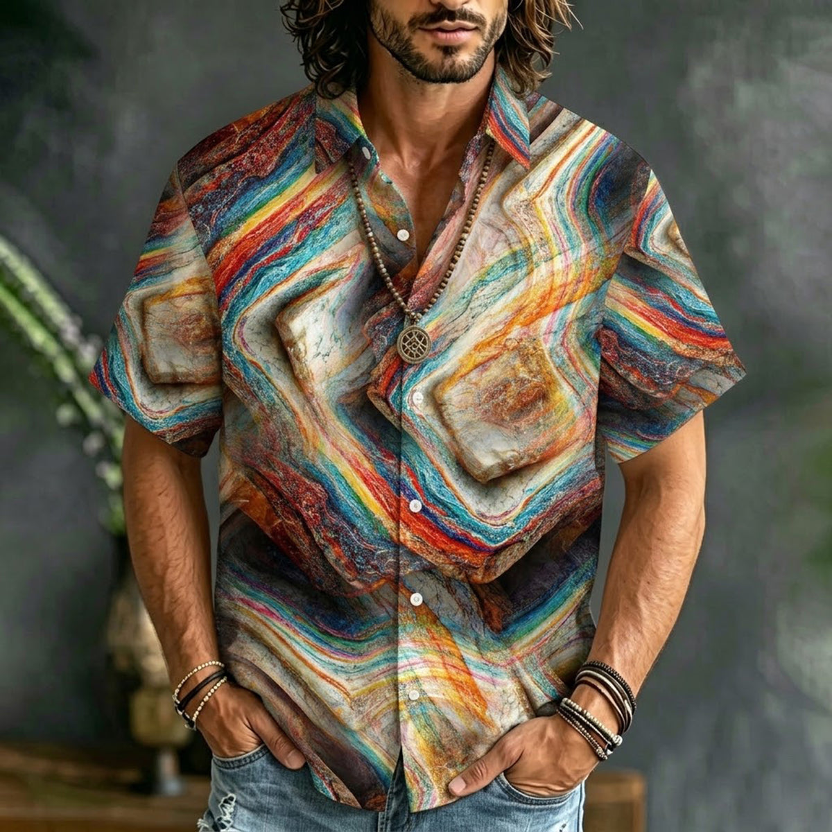 Men's Retro Hippie Colorful Marble Agate Swirl Print Short-sleeve Button-up Shirt