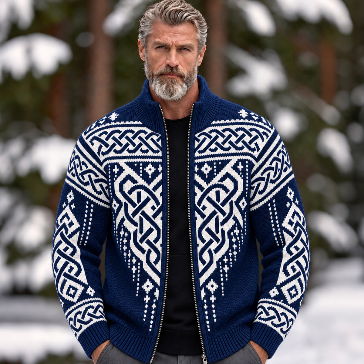 Men's Vintage Viking Celtic Knot Knit Zip-up Cardigan