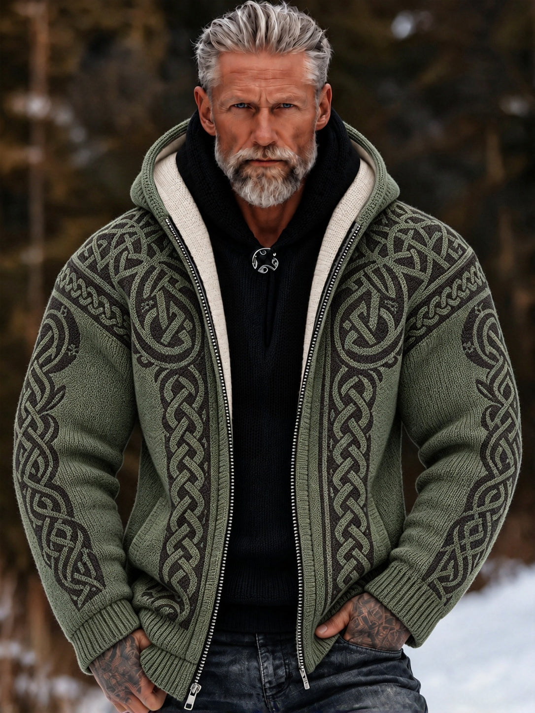 Men's Vintage Viking Celtic Knot Cozy Warm Knitted Jacquard Zipper Hooded Sweater