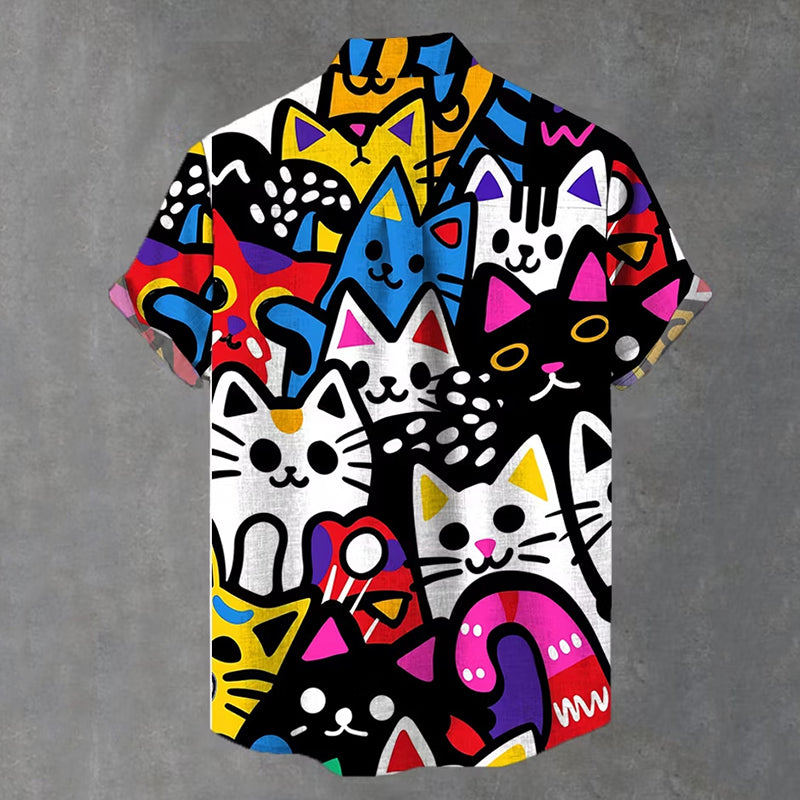 Men's Vintage Hand Drawn Cartoon Colorful Cats Stacked Printing Breast Pocket Stand Collar Flowy Linen Blend Casual Shirt