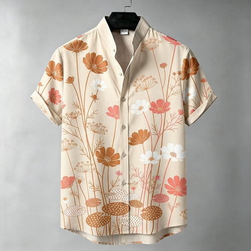 Men's Beige Wildflowers And Lily Pad Botanical Print Short Sleeve Shirt