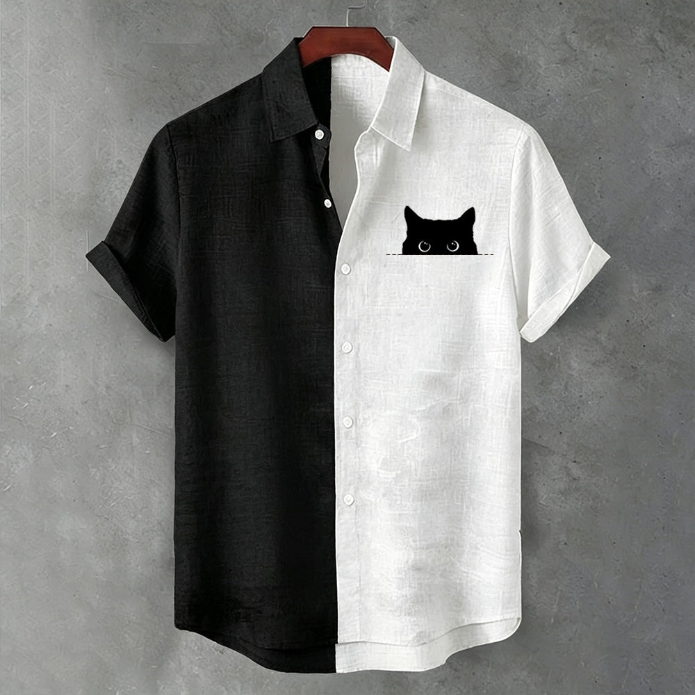 Men's Vintage Peeping Black Cat Art Color-block Casual Short-sleeved Shirt