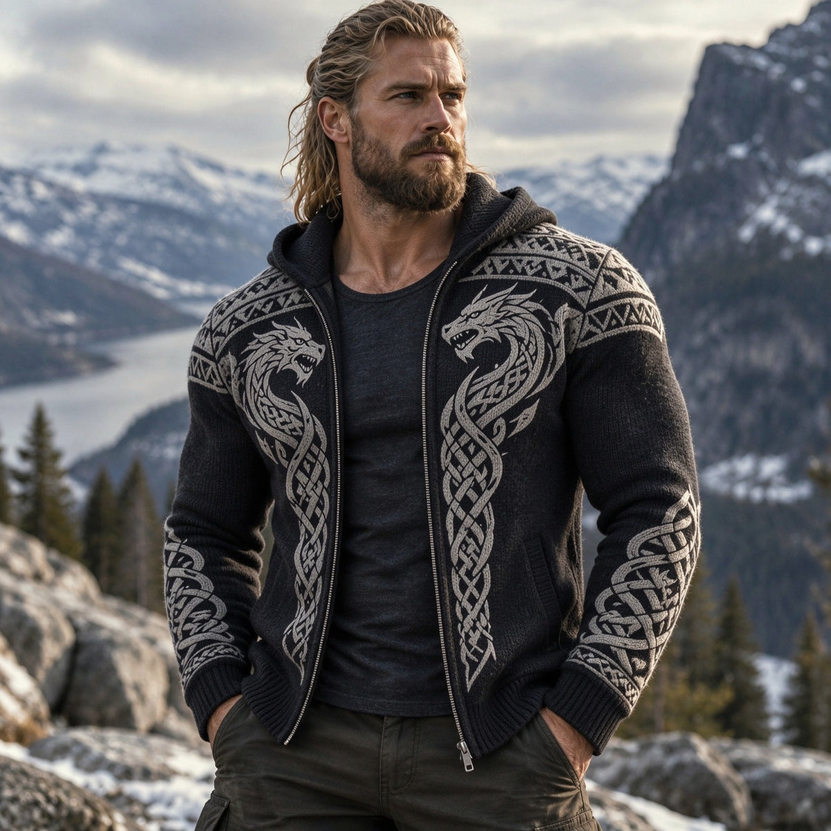 Men's Viking Celtic Dragon Art Print Cozy Zipper Hooded Sweater