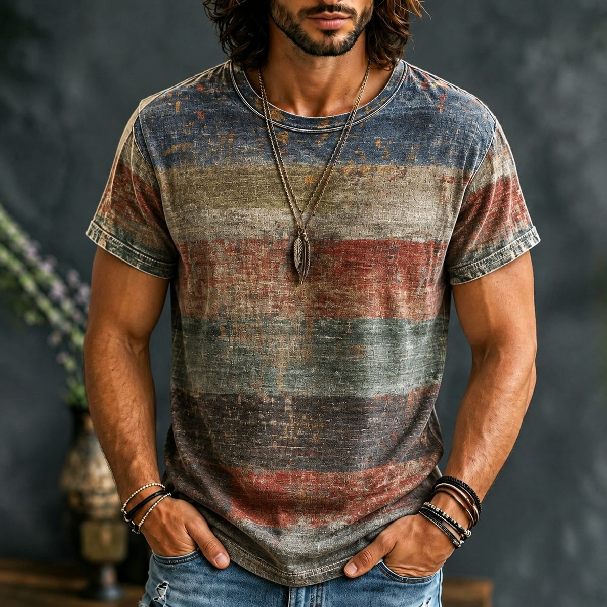 Vintage Horizontal Stripe Color Block Printed T-shirt