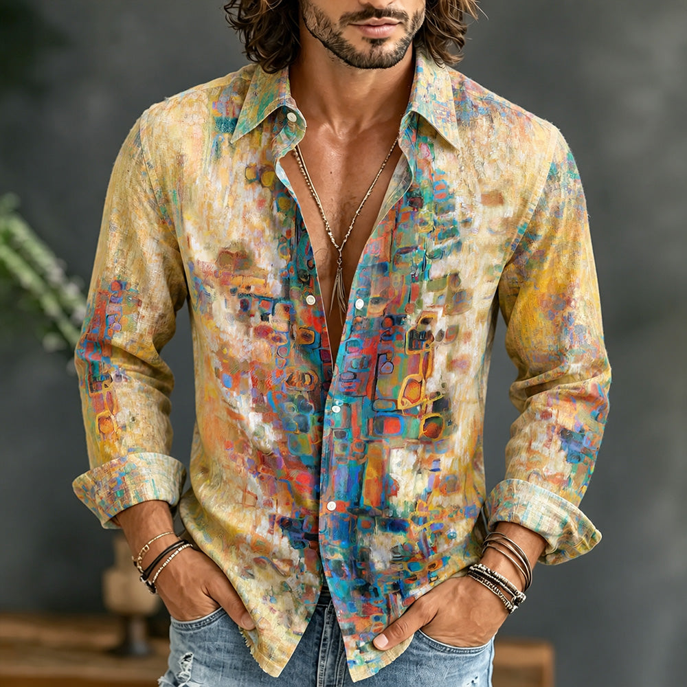 Men's Vintage Geometric Oil Painting Art Print Casual Long Sleeve Shirt