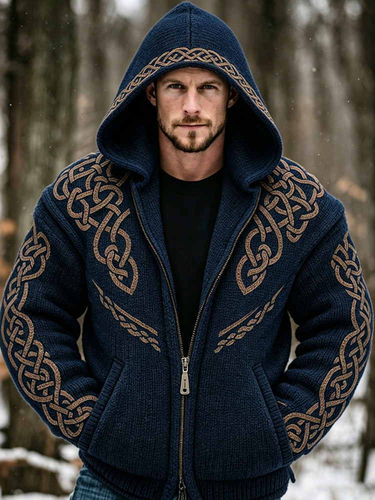Men's Vintage Viking Celtic Knot Art Warm Knitted Jacquard Zipper Hooded Sweater
