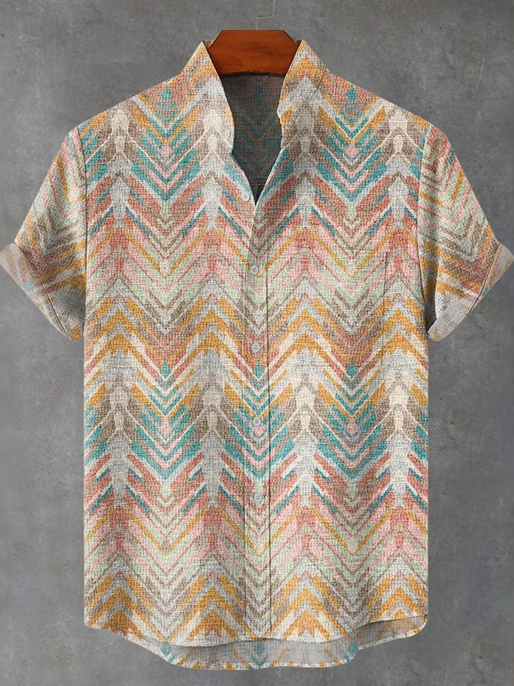 Men's Retro Hippie Rainbow Abstract Geometric Wave Stripes Print Casual Cotton And Linen Shirt