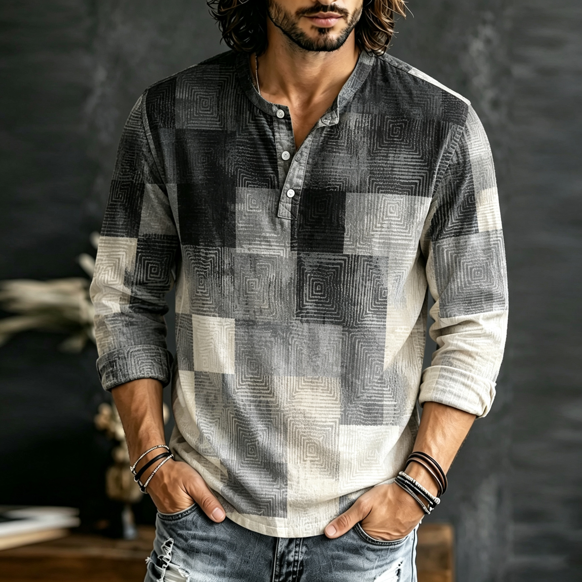 Men's Vintage Geometric Block Art Print Long Sleeve Comfortable Top
