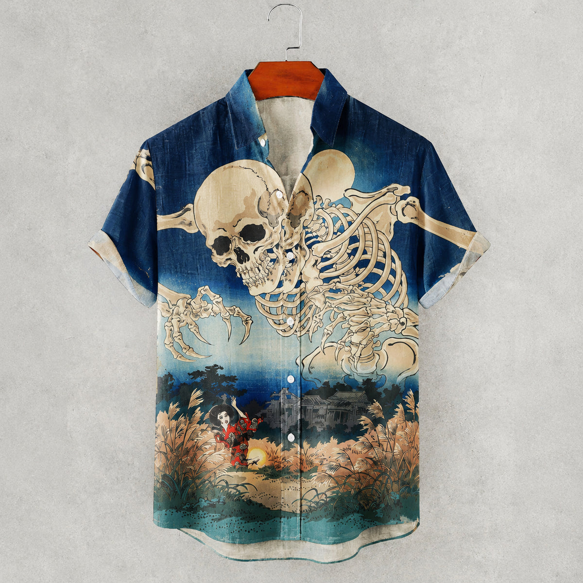 Men's Halloween Japanese Skull Art Print Short Sleeve Casual Shirt