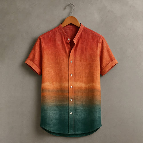 Abstract Geometric Sunset Gradient Ombre Rust Teal Art Print Men's Short Sleeve Button Up Shirt