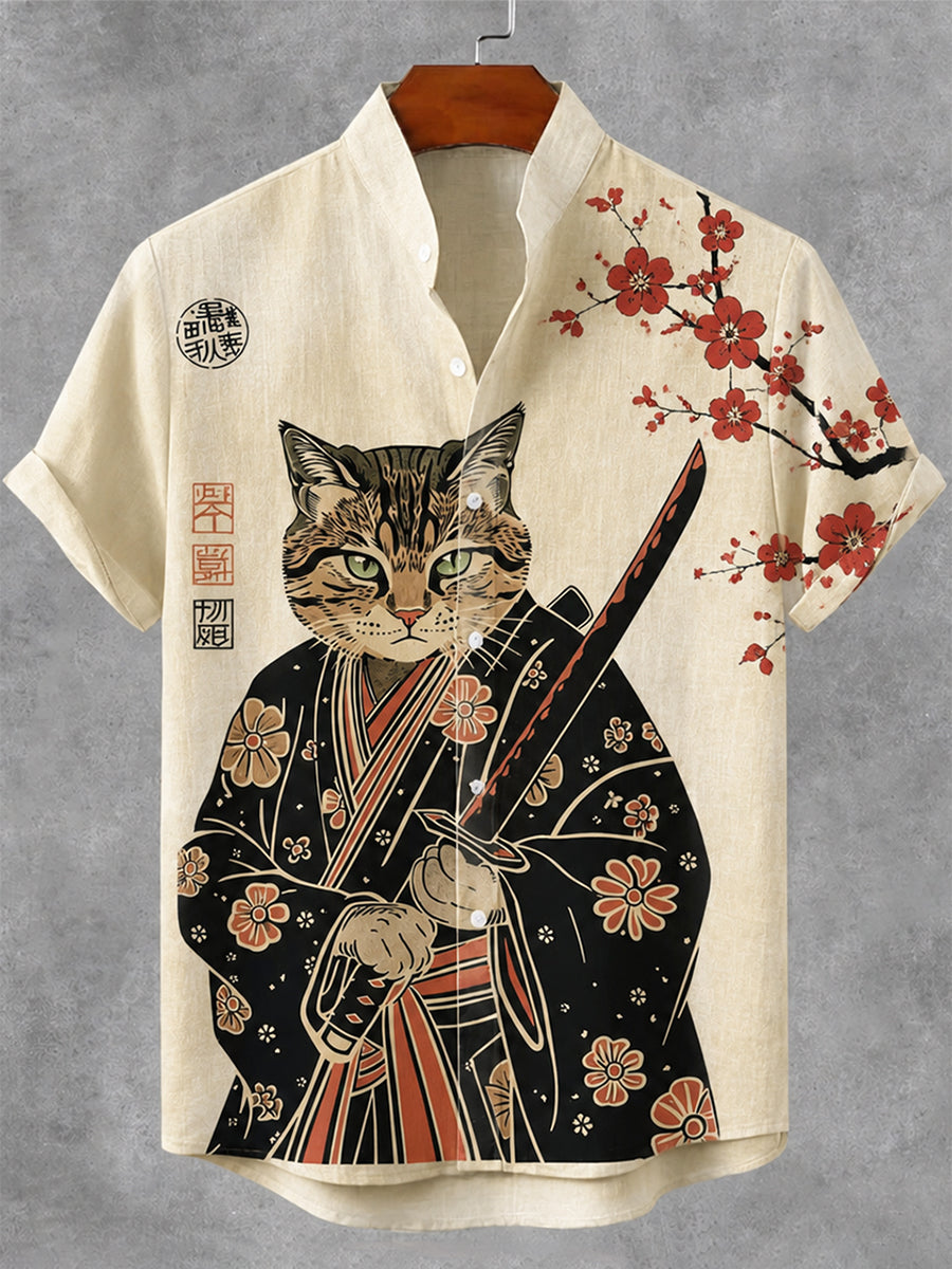 Men's Vintage Japanese Samurai Cat Print Button Casual Cotton Linen Shirt