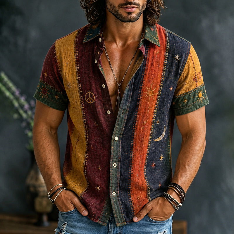Men's Vintage Patchwork Peace Sign Sun Moon Star Art Print Shirt