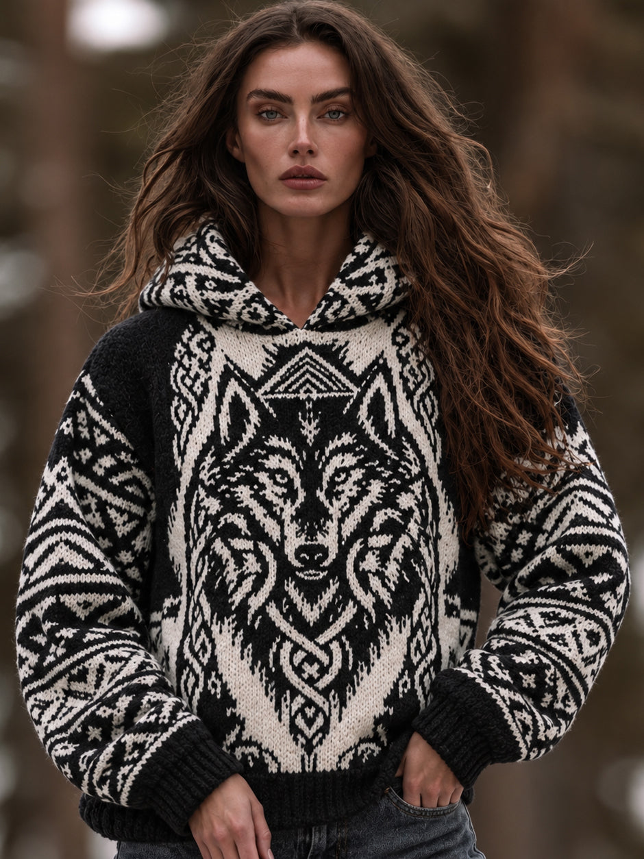Women's Norse Celtic Knot And Wolf Motif Hoodie