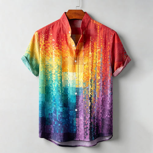 Men's Abstract Gradient Geometry Art Design Linen Blend Short-sleeve Shirt