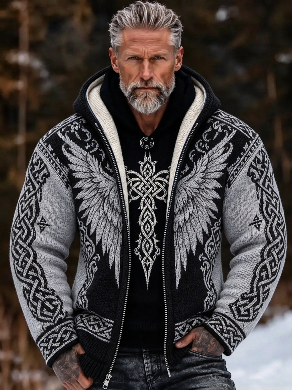 Men's Vintage Viking Wing Celtic Knot Cozy Warm Knitted Jacquard Zipper Hooded Sweater