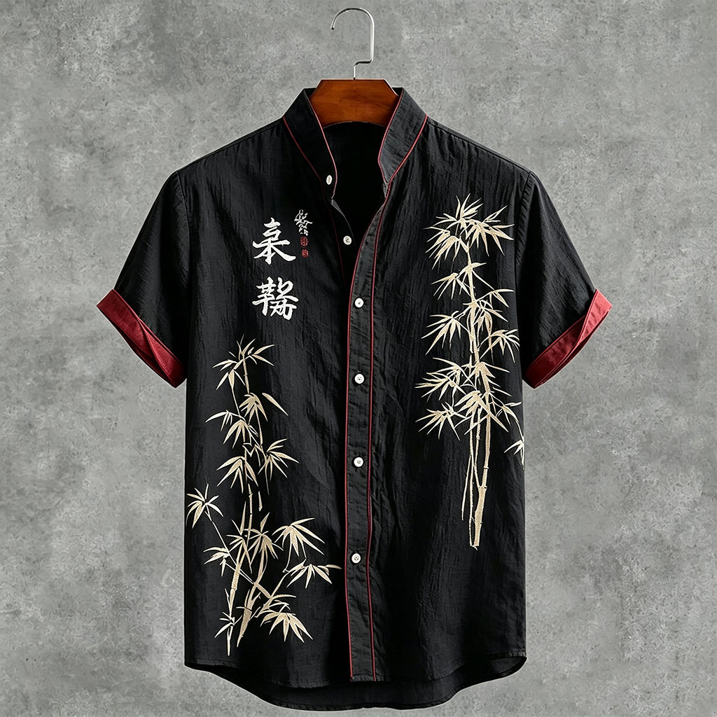 Men's Japanese Bamboo And Calligraphy Pattern Casual Linen Shirt