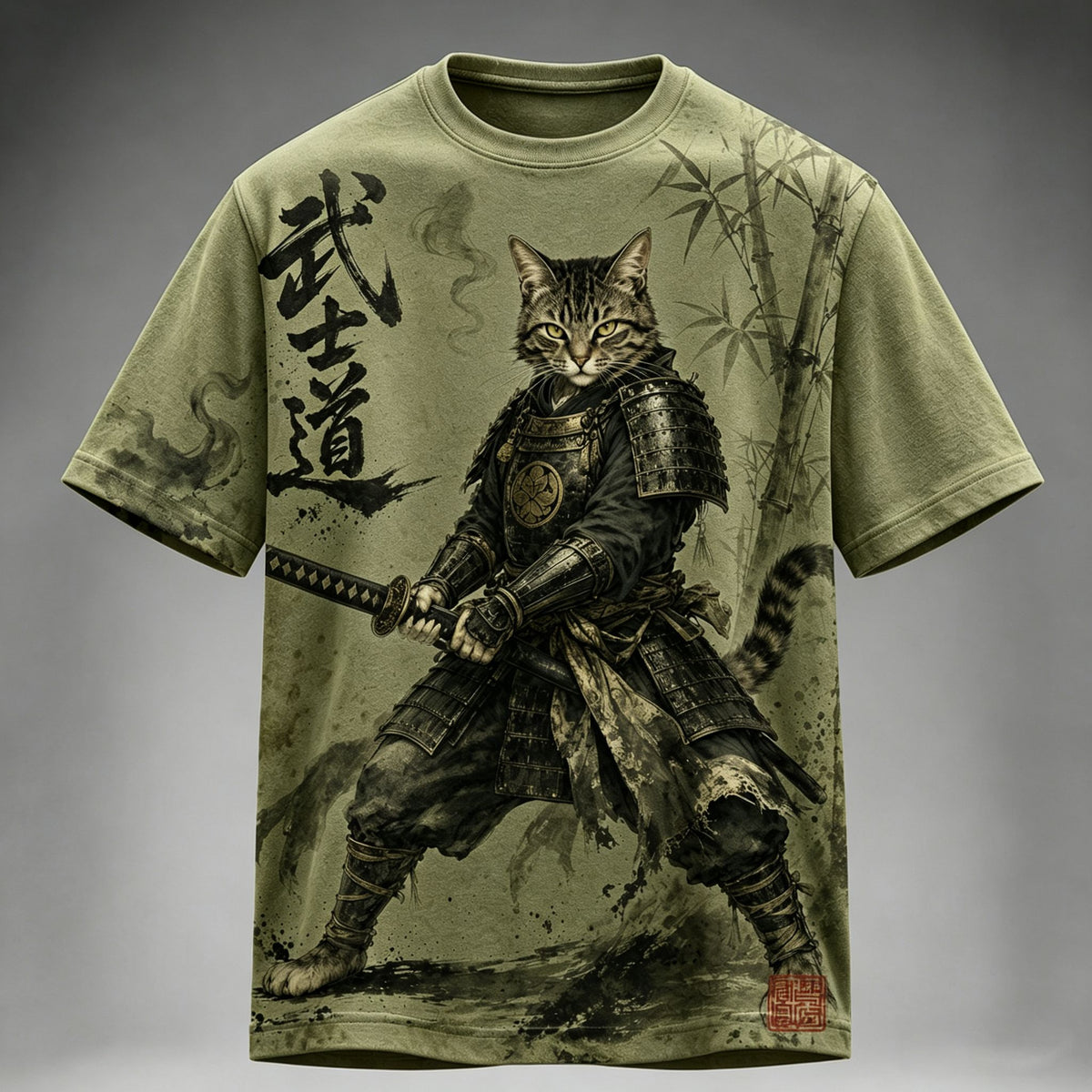 Men's Retro Japanese Cat Samurai Art Print Short Sleeve T-shirt