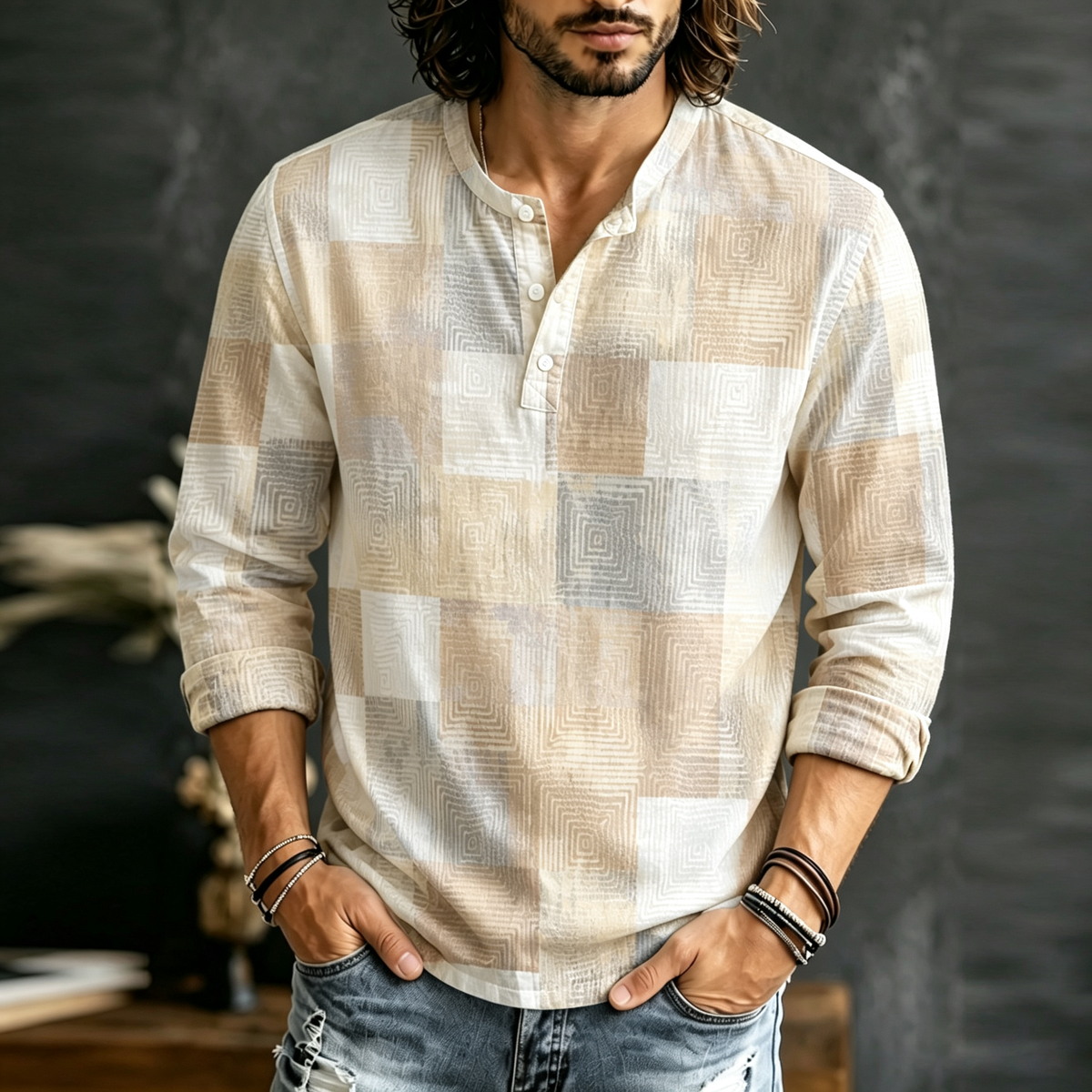 Men's Vintage Geometric Block Art Print Long Sleeve Comfortable Top