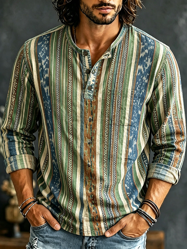 Men's Ethnic Retro Striped Print Long-sleeved Cotton Linen Top